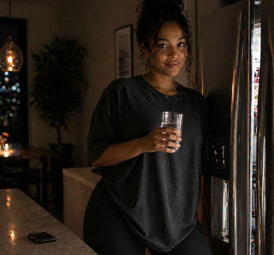 A member at home in the evening with a glass of water