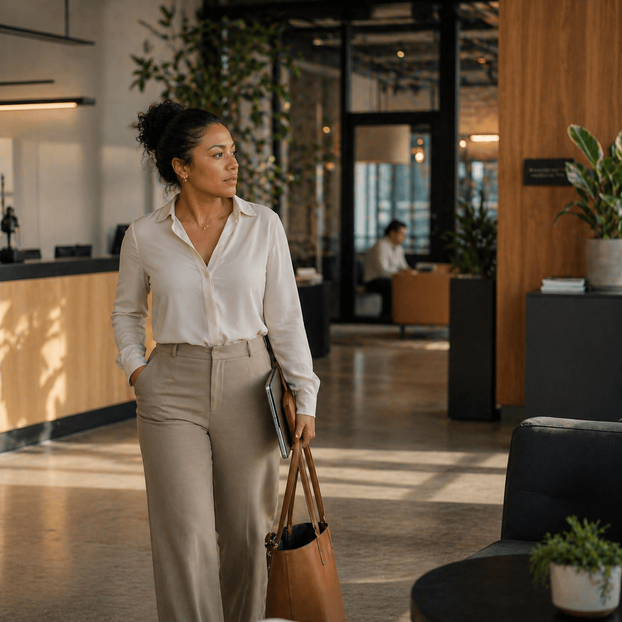 A member walking through a calm, sunlit clinic lobby